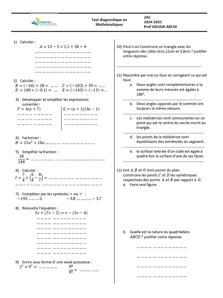Test Diagnostique Mathématiques 2AC 2024-2025 | PDF | Triangle | Géométrie