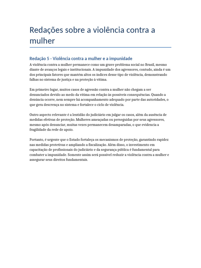 Redações Sobre A Violência Contra A Mulher | PDF | Violência ...
