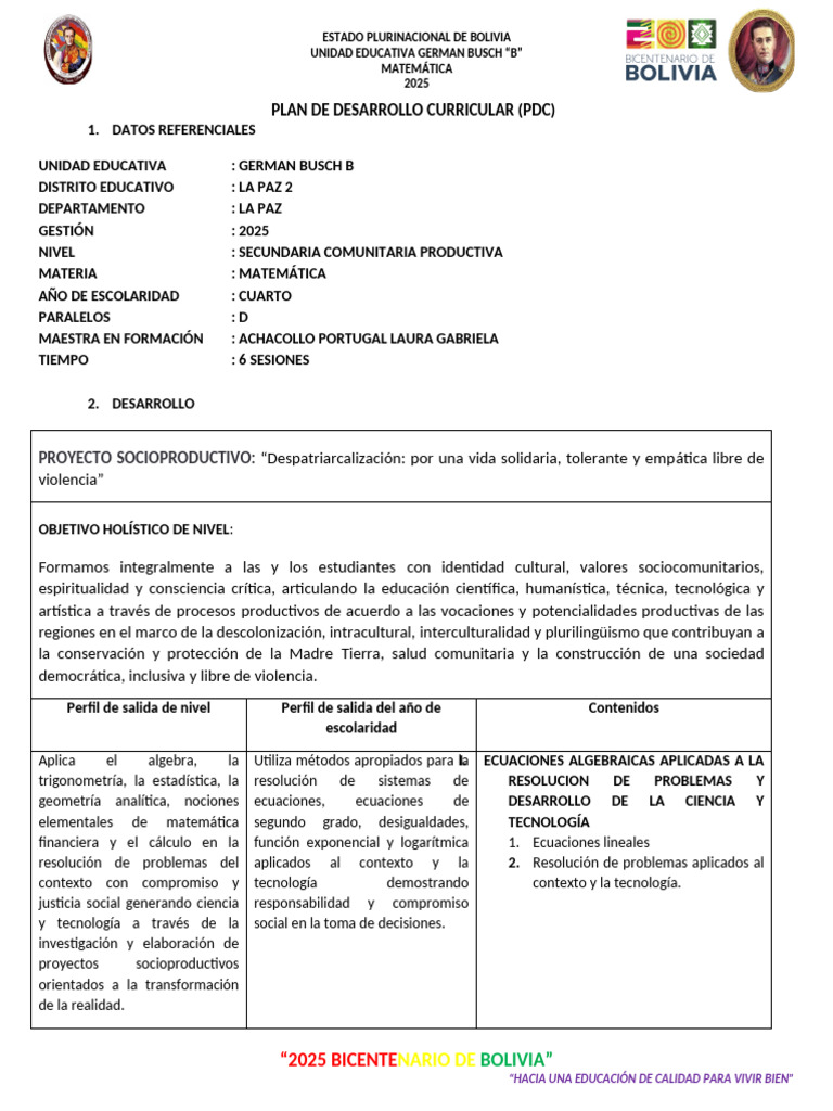 Plan Curricular de Matemática 2025 Bolivia | PDF | Ecuaciones | Matemáticas