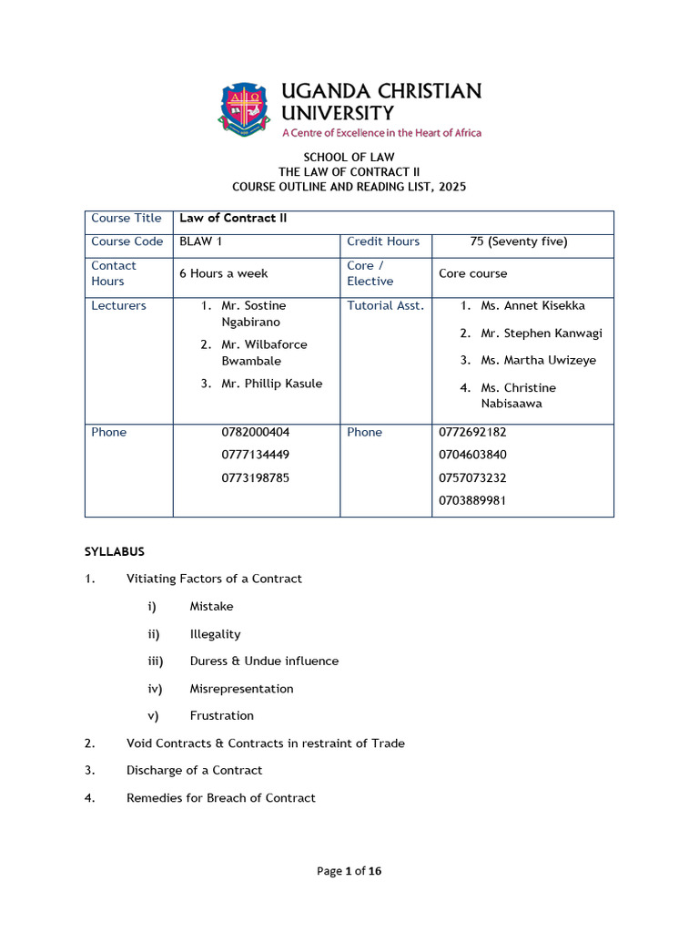 Law of Contract II Course Outline 2025 | PDF | Misrepresentation | Law ...