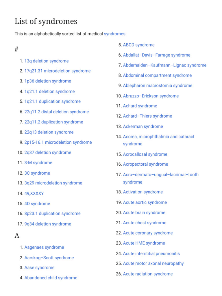 Alphabetical List of Medical Syndromes | PDF | Syndrome | Diseases And ...