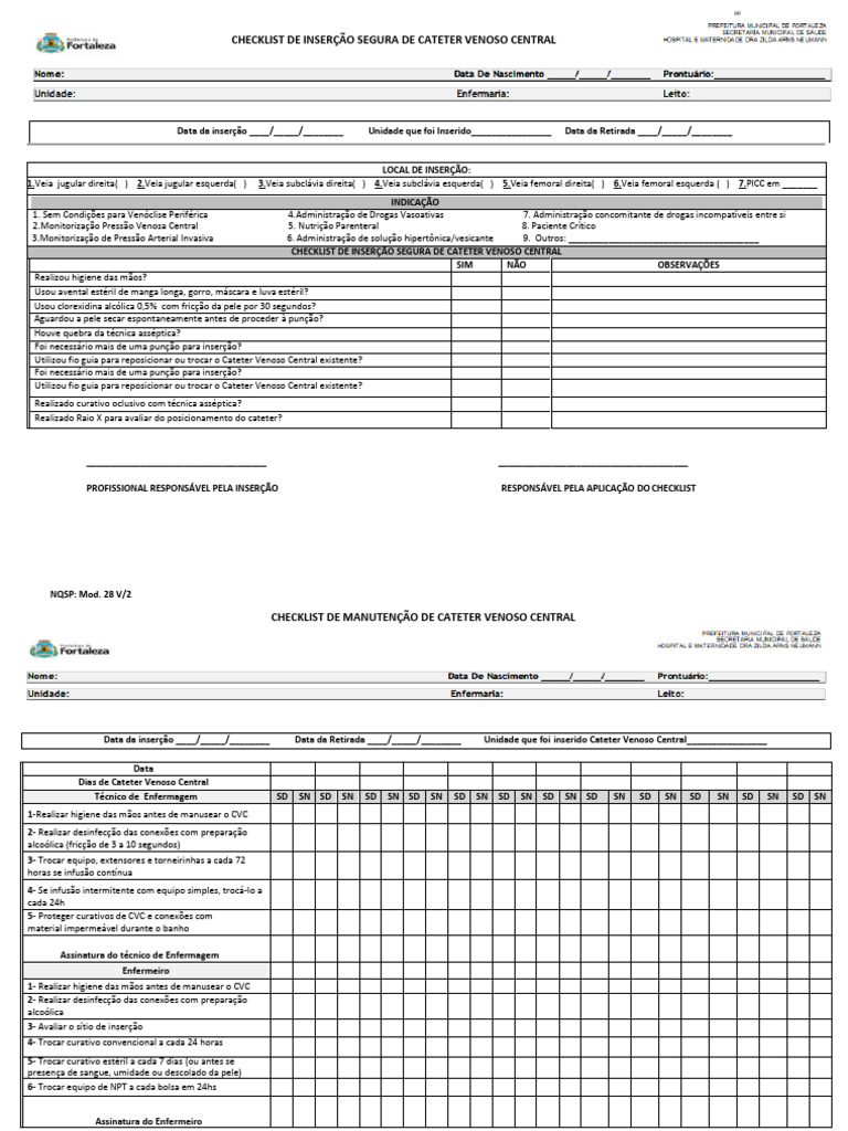 Modelo 28 - Checklist de Inserção Segura de Cateter Venoso Central (CVC ...