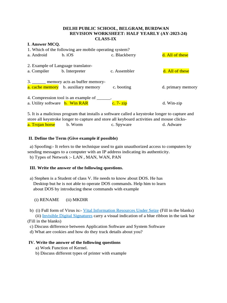 Class IX Half Yearly Revision Worksheet | PDF
