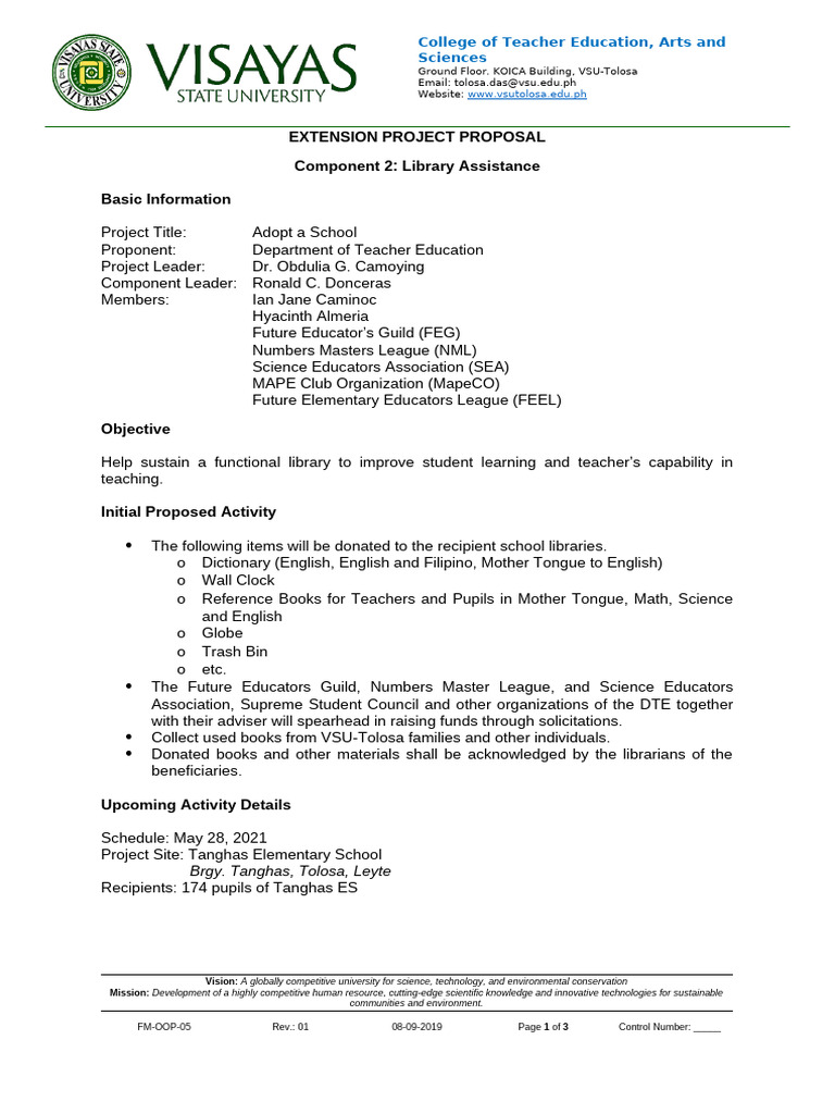 Adopt a School Library Project Proposal | PDF | Learning | Teachers