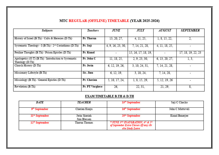 MTC 2025-2026 Offline Timetable | PDF