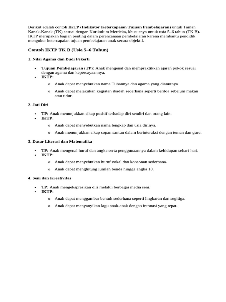Contoh IKTP untuk TK B Kurikulum Merdeka | PDF
