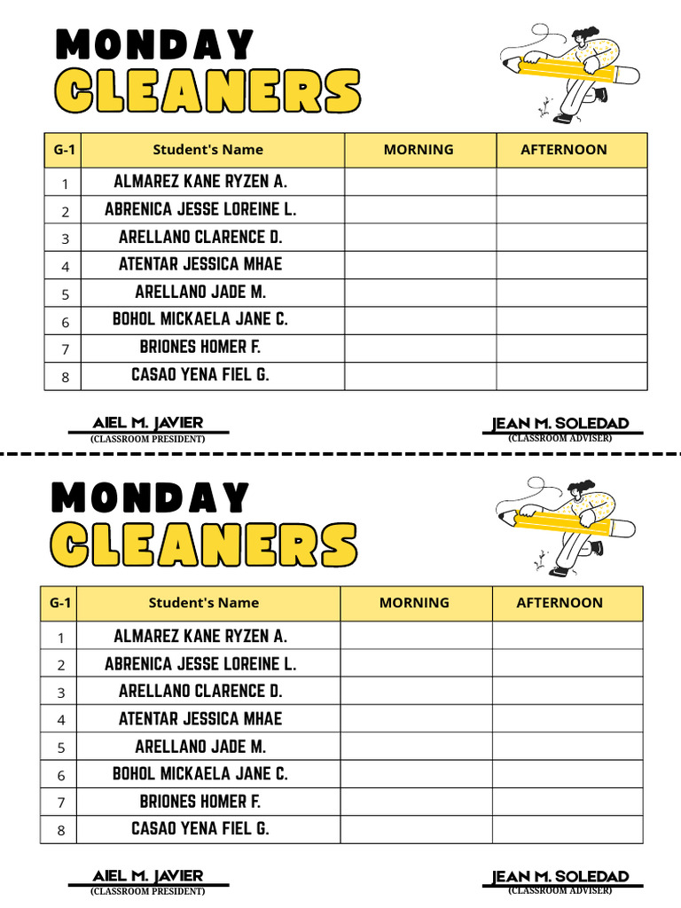Weekly Cleaners Attendance Log | PDF