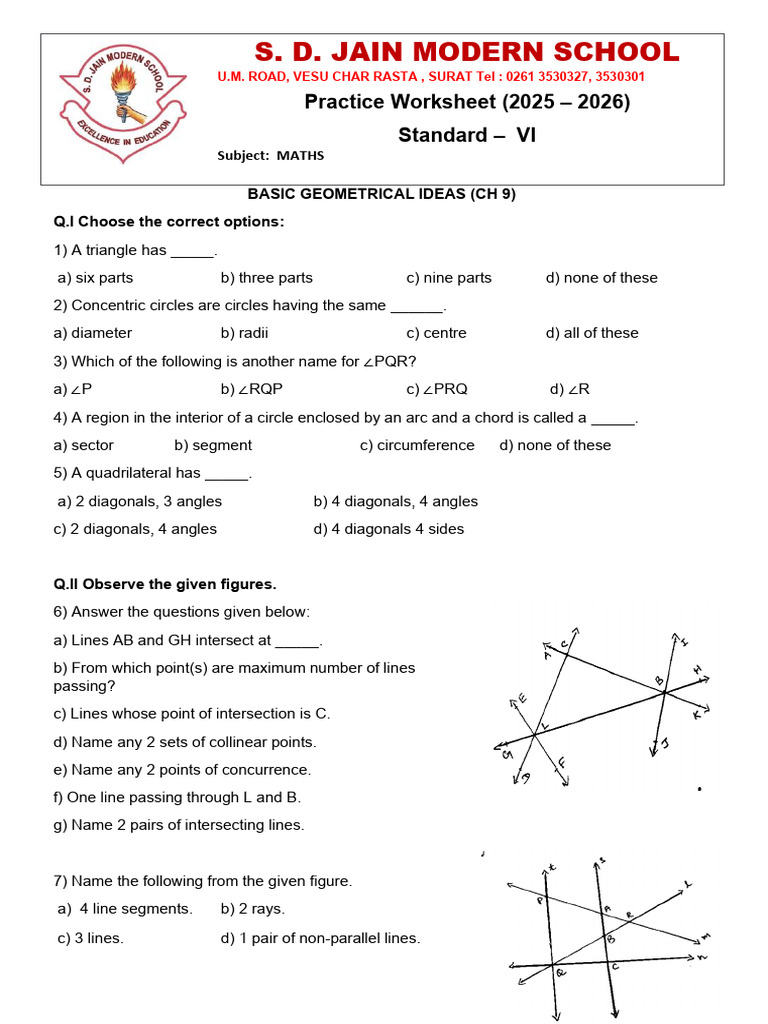 VI Maths Practice: Geometrical Concepts | PDF