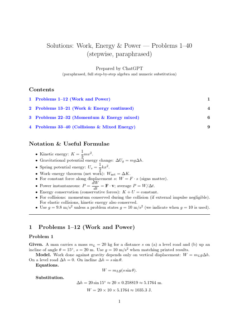 Work, Energy & Power Problems 1-40 | PDF | Momentum | Force