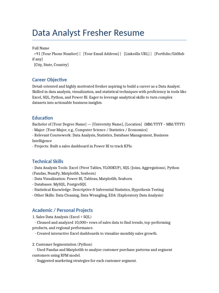 Data Analyst Fresher Resume | PDF