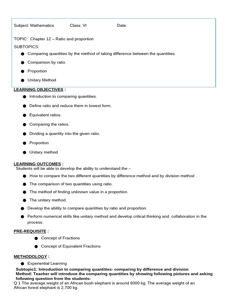 Ratio and Proportion for Class VI | PDF | Ratio