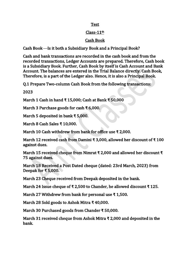 Class 11 Cash Book Preparation Guide | PDF | Debits And Credits ...