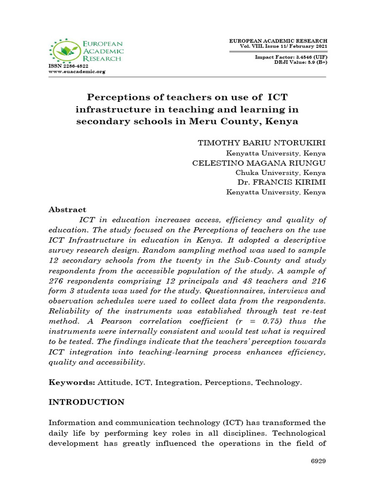 Teachers' Perceptions of ICT in Meru Schools | PDF | Educational ...