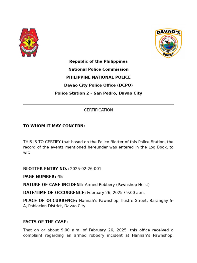 Davao City Pawnshop Armed Robbery Report | PDF | Crimes | Crime & Violence