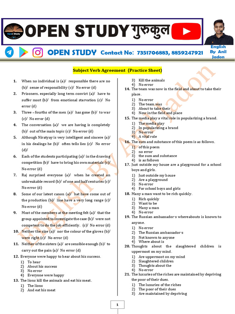 Subject-Verb Agreement Practice Sheet | PDF