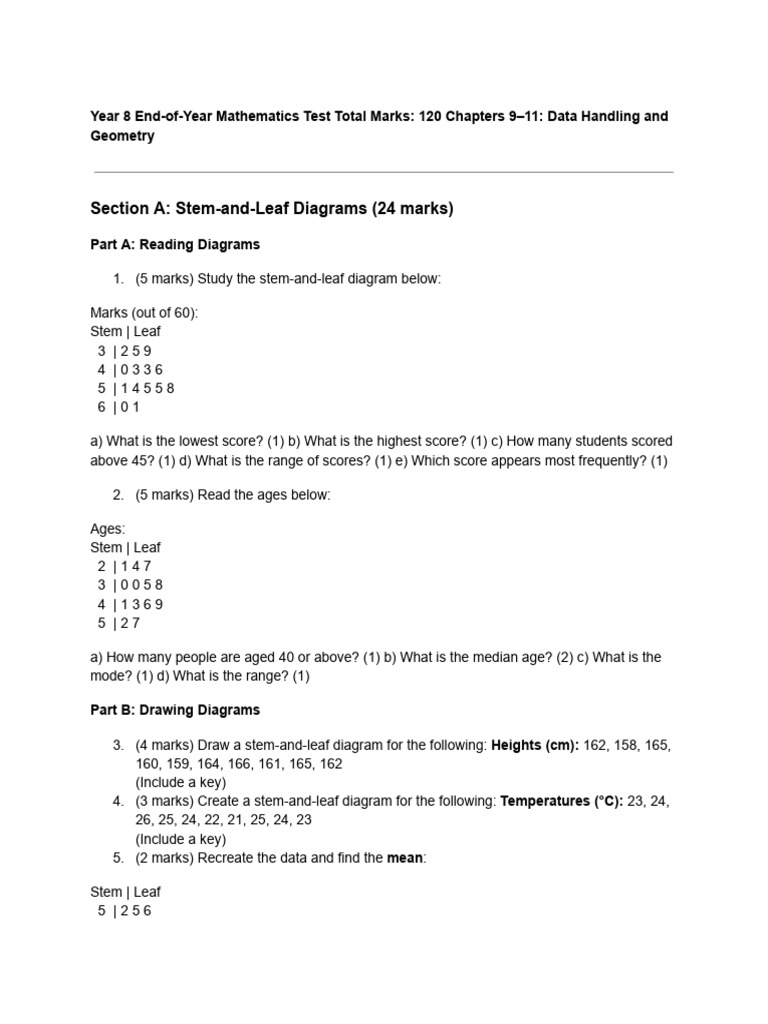 Year 8 Math Test: Data & Geometry | PDF | Pie Chart | Euclidean Geometry