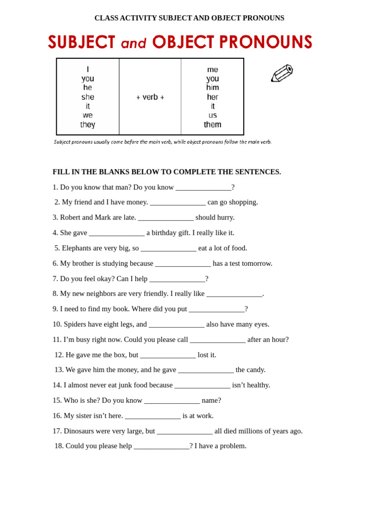 Class Activity Subject and Object Pronouns | PDF