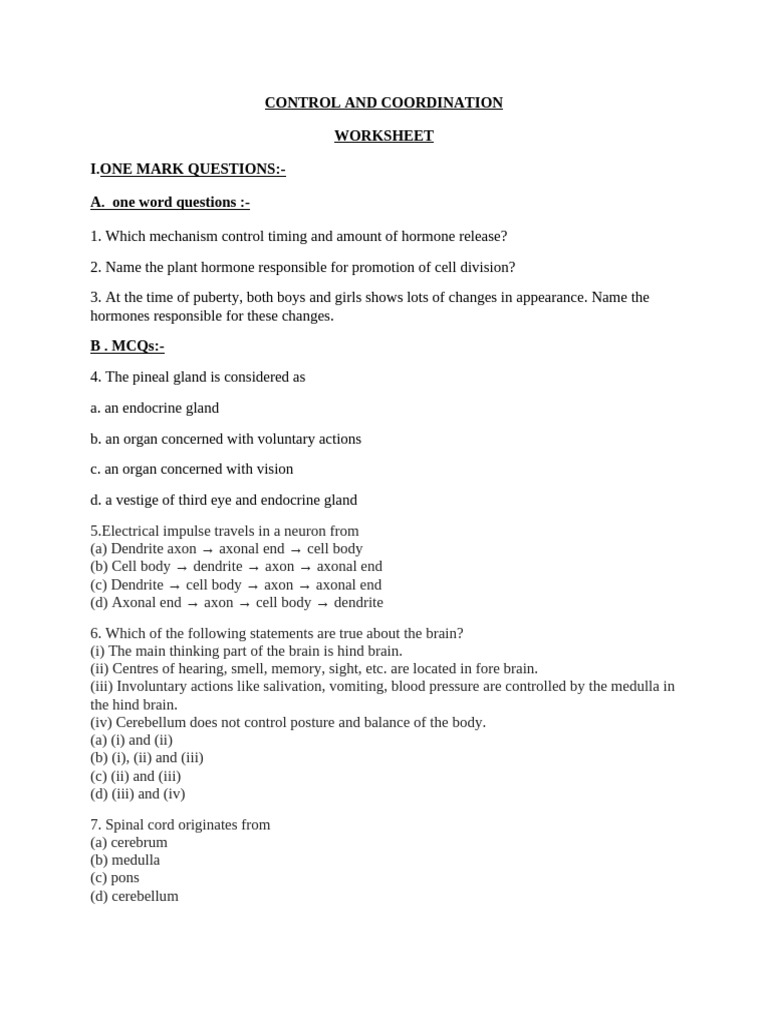 Control and Coordination Worksheet | PDF | Hormone | Stimulus (Physiology)