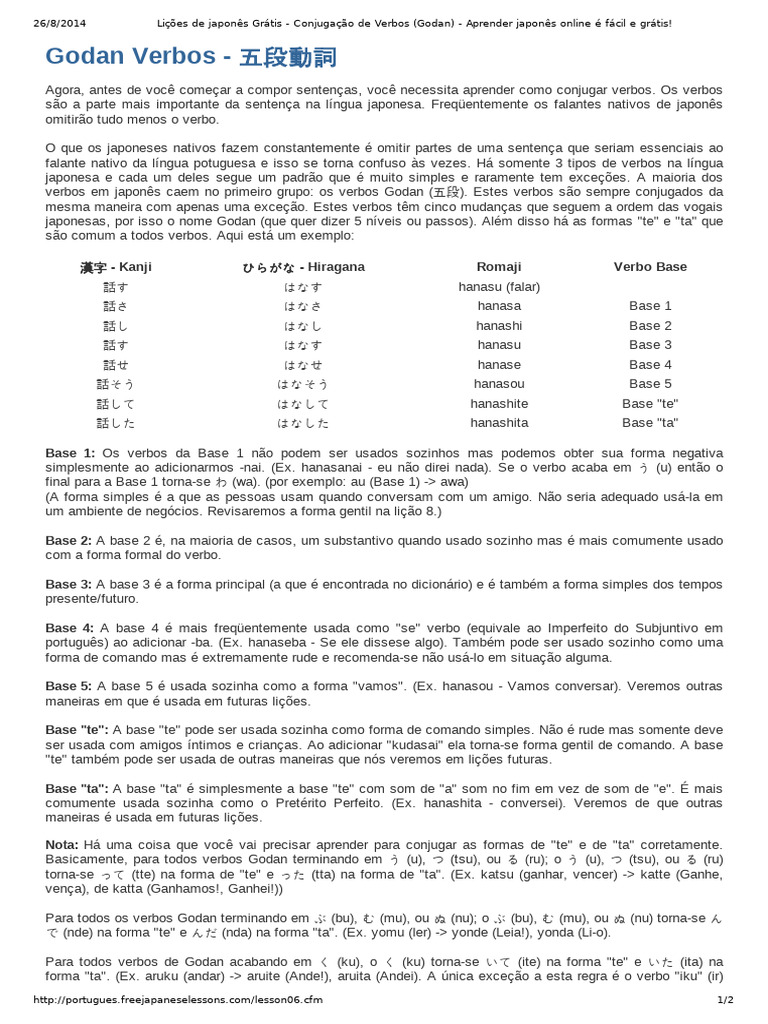 Conjugação de Verbos Godan em Japonês | PDF | Japonês (idioma) | Fonética