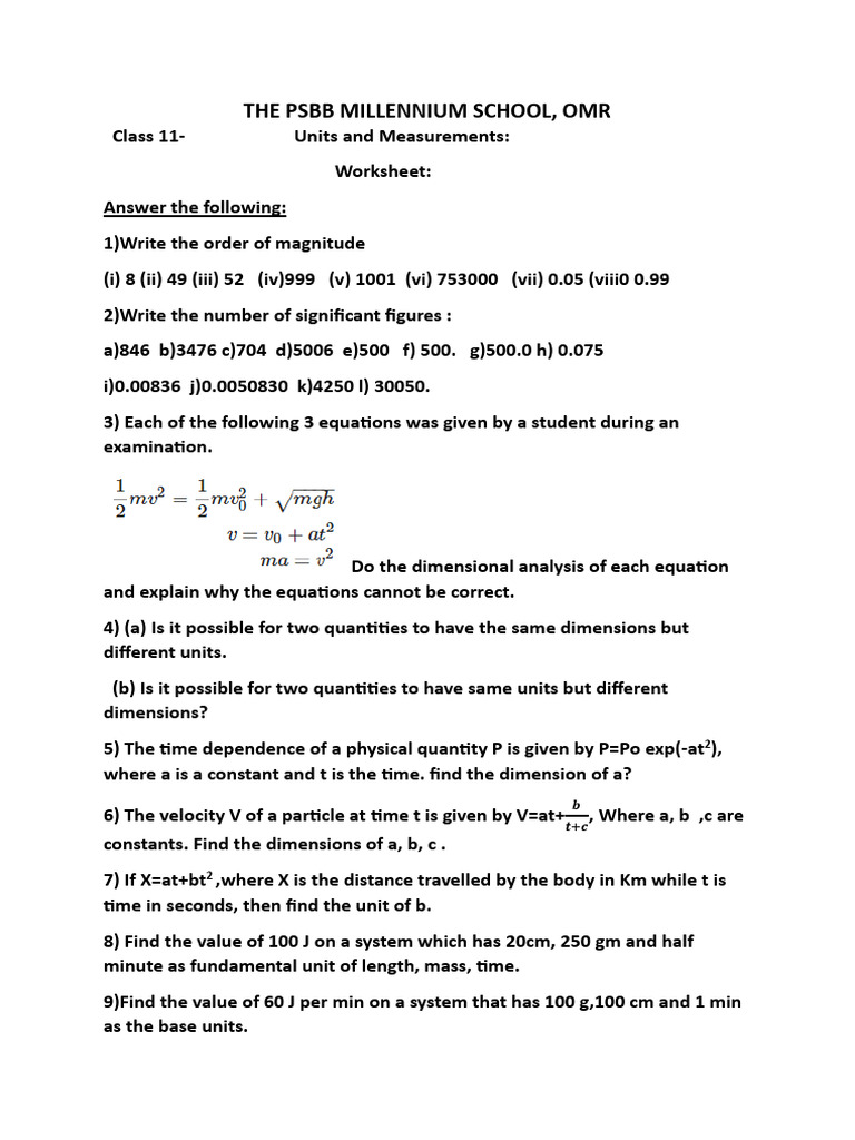 Class 11 Units and Measurements Worksheet | PDF