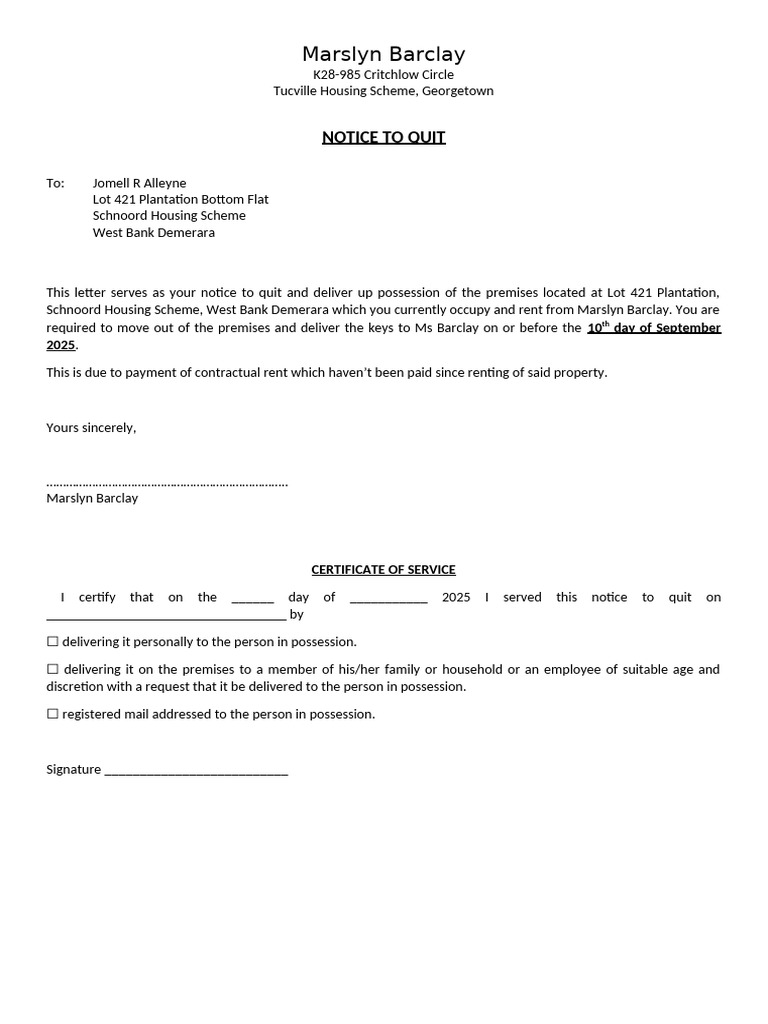 Notice to Quit for Non-Payment of Rent | PDF