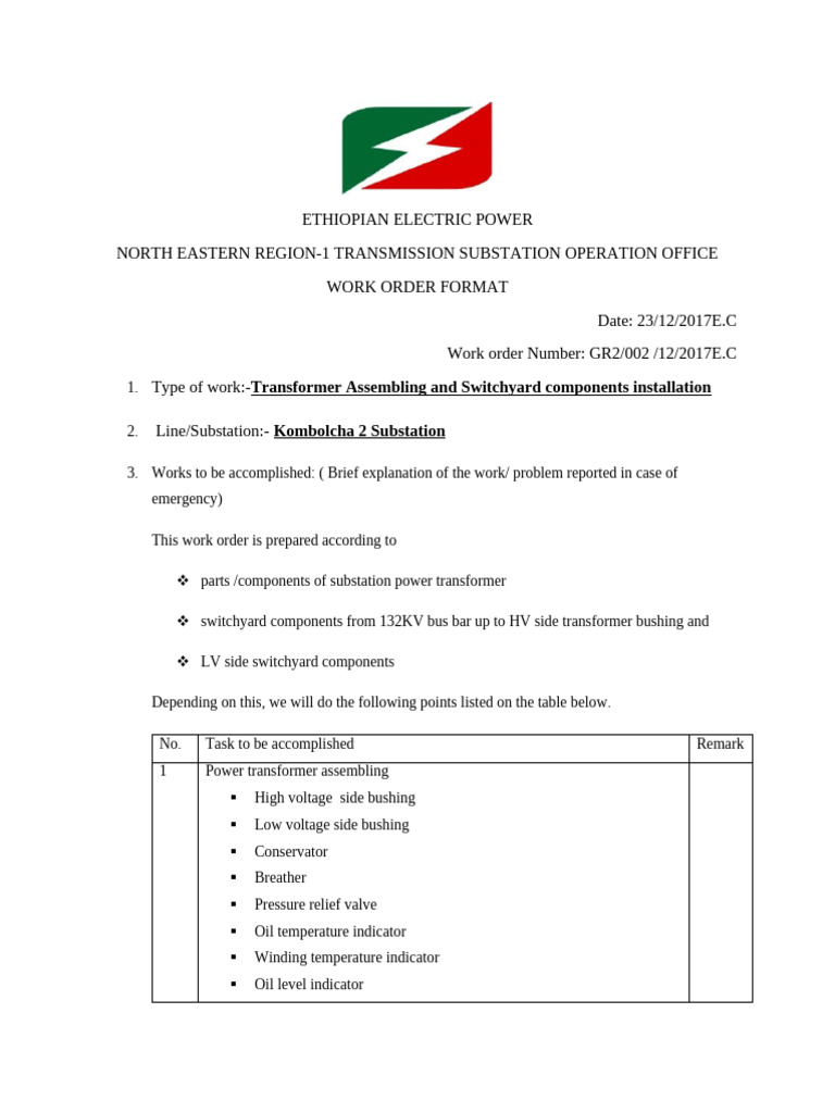 Transformer Assembly Work Order Template | PDF | Transformer ...