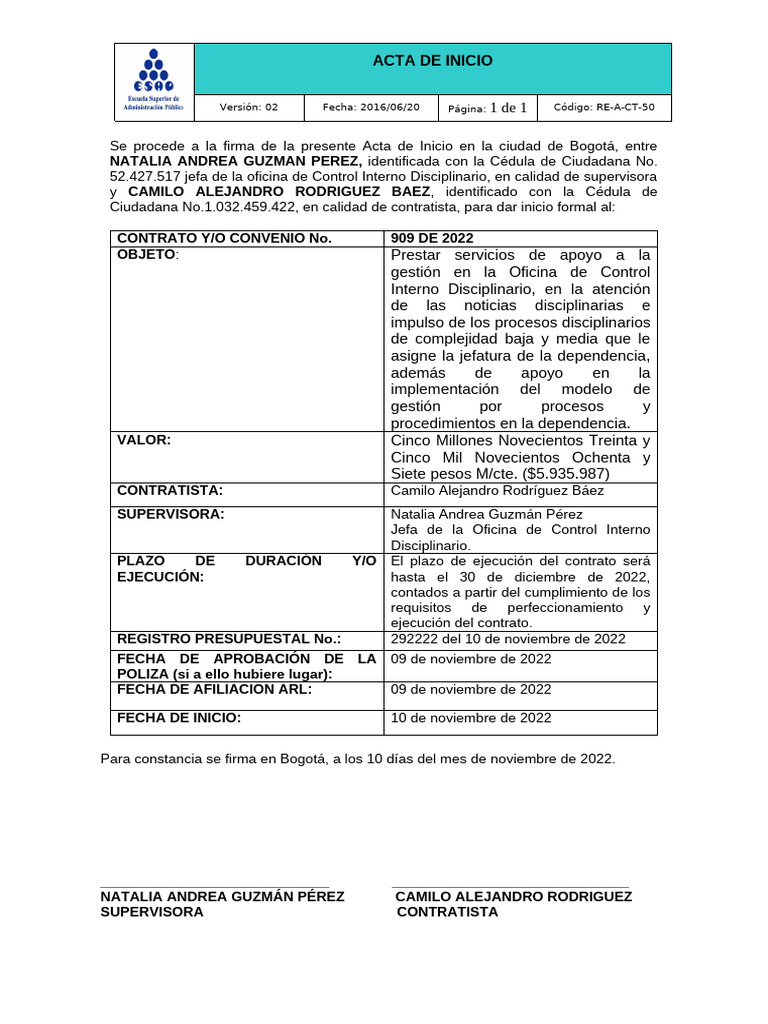 Acta de Inicio del Contrato 909 de 2022 | PDF