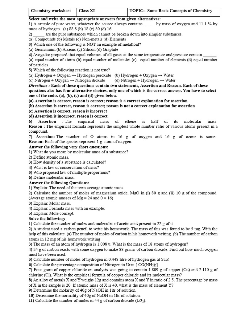 Class XI Chemistry Concepts Worksheet | PDF | Redox | Mole (Unit)