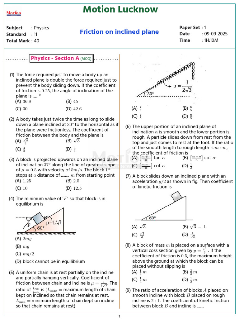 Friction on Inclined Planes Exam Guide | PDF | Friction | Force