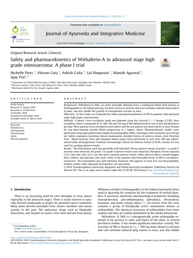Safety and Pharmacokinetics of Withaferin A in Ad 2020 Journal of ...