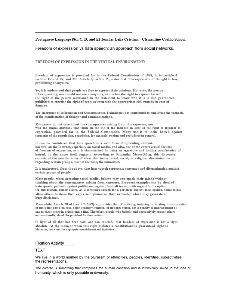 Freedom of Expression vs Hate Speech | PDF | Freedom Of Speech | Hate ...