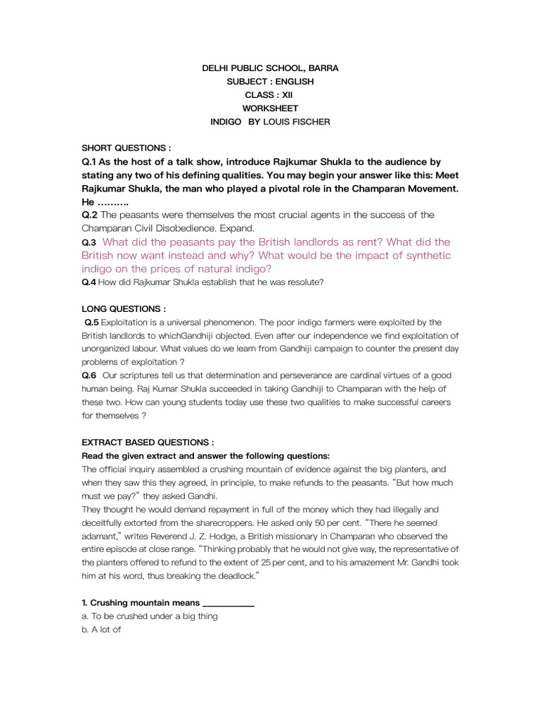 Indigo Worksheet for Class XII Students | PDF | Mahatma Gandhi