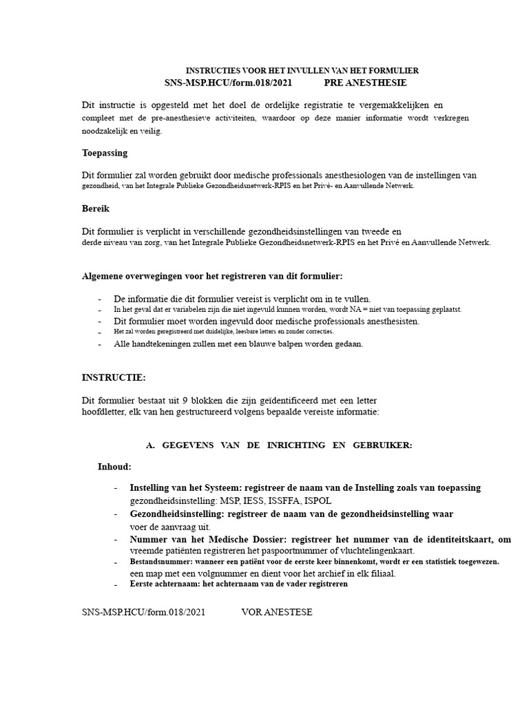 018 Preanesthetisch 2021 Instructie | PDF