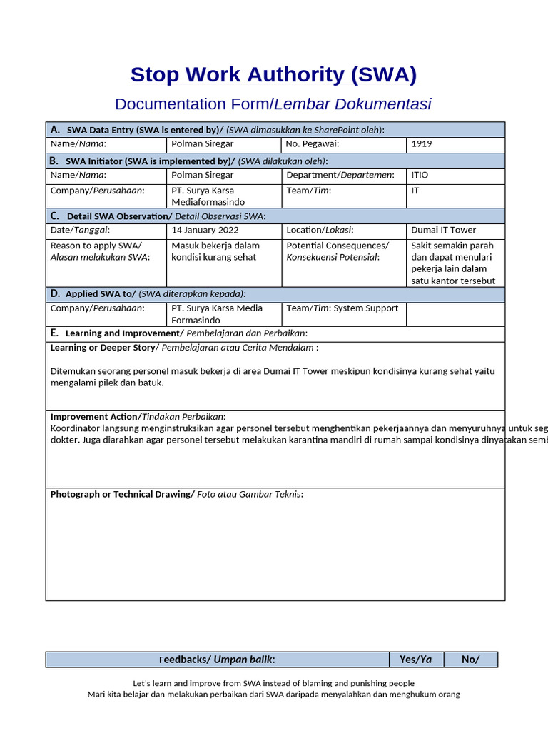 Formulir Dokumentasi SWA | PDF