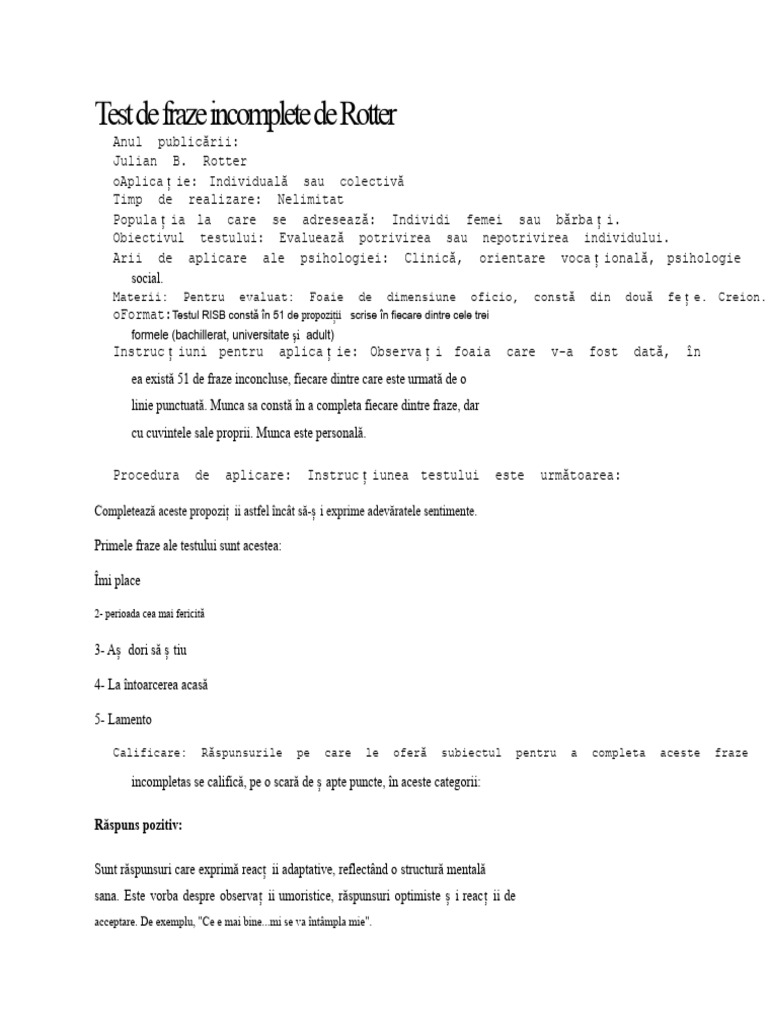 Test de Fraze Incomplete de Rotter | PDF
