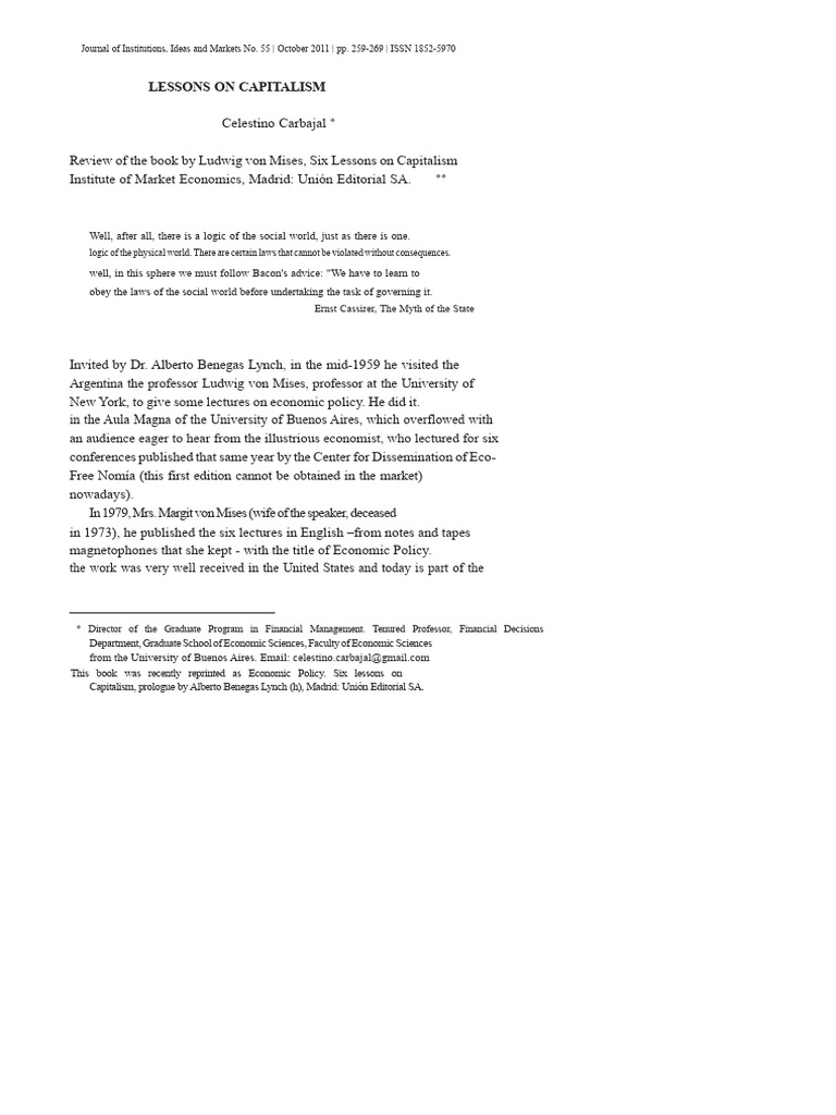 Mises' Six Lessons on Capitalism Review | PDF | Inflation | Inflationism