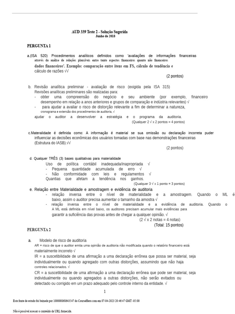 AUD339_TESTE_2_JUNHO_2018_SS_1.doc | PDF | Contabilidade | Amostragem ...