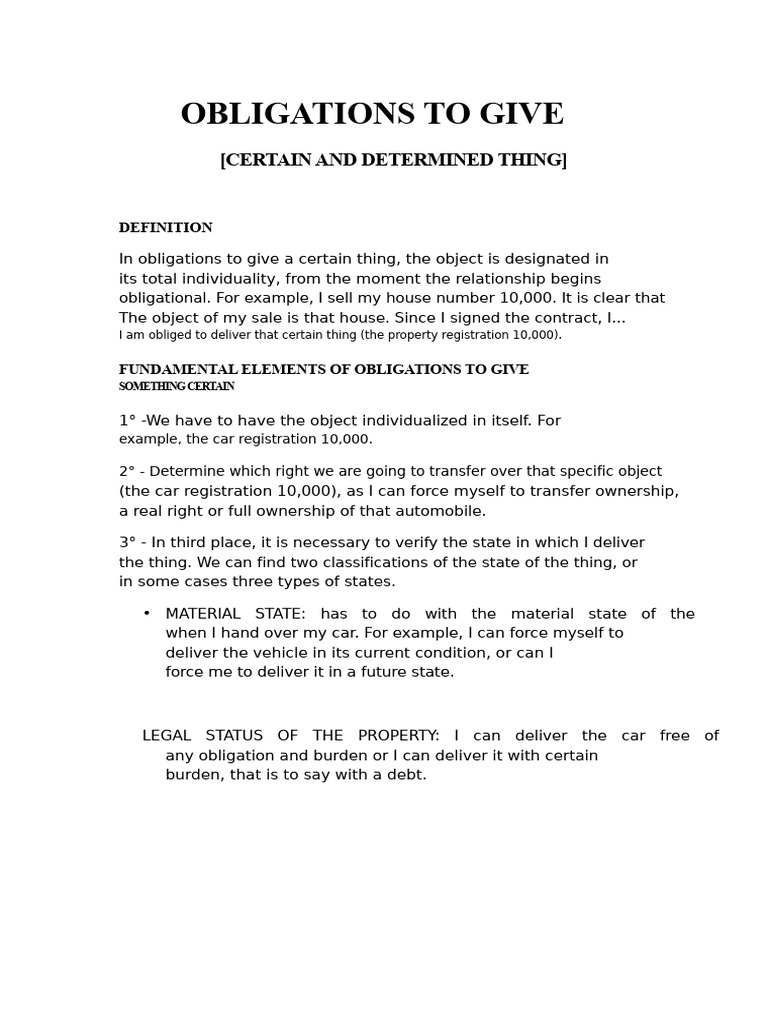 6) OBLIGATIONS To GIVE (Certain and Determined Thing) | PDF | Common ...