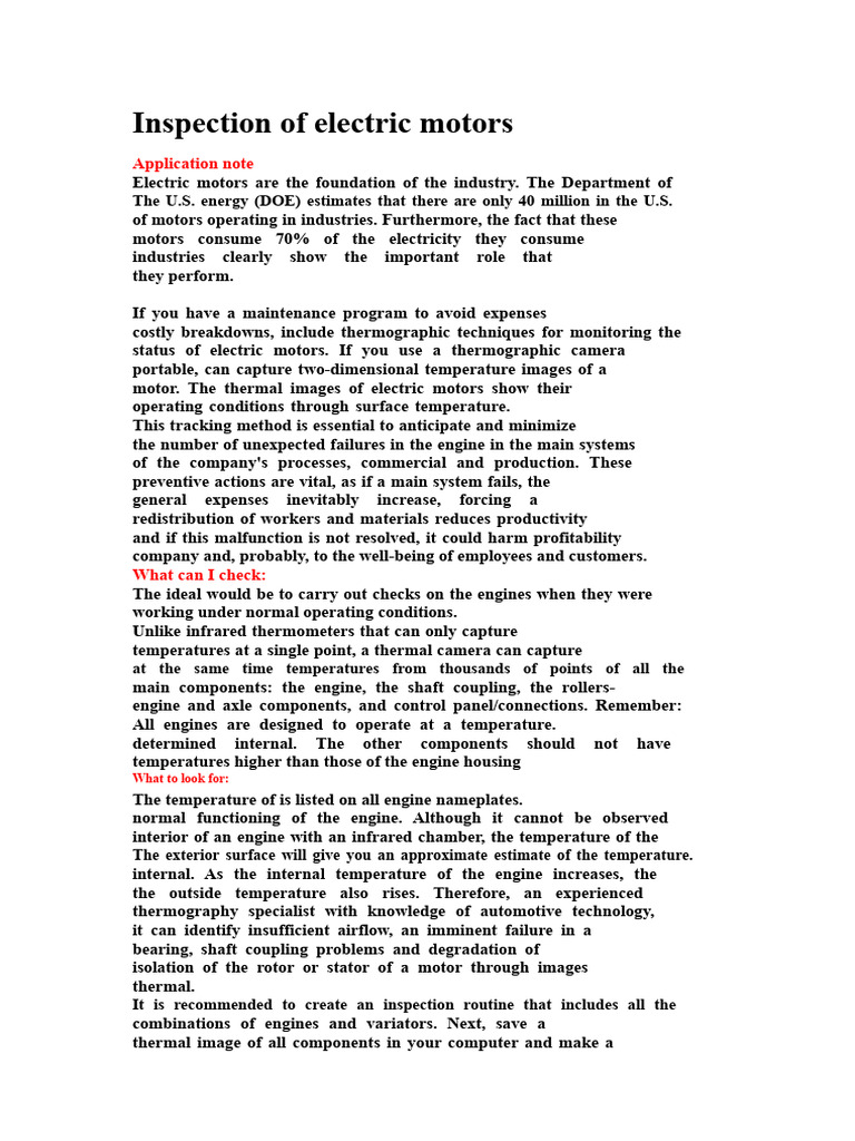 Electric Motor Inspection Techniques | PDF | Thermography | Bearing ...