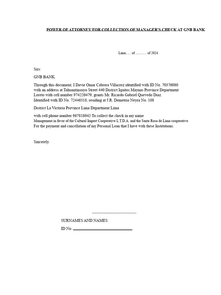 Power of Attorney for Check Collection | PDF