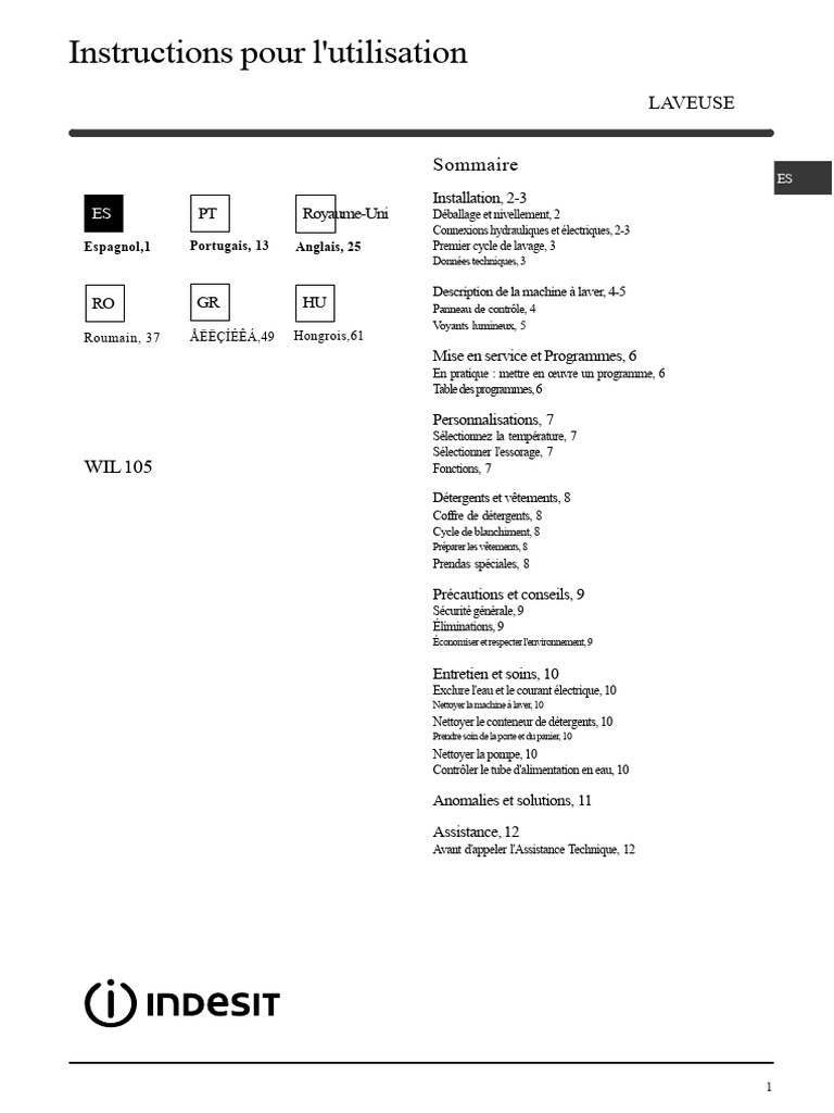 Guide d'utilisation de la laveuse WIL 105 | PDF | Machine à laver