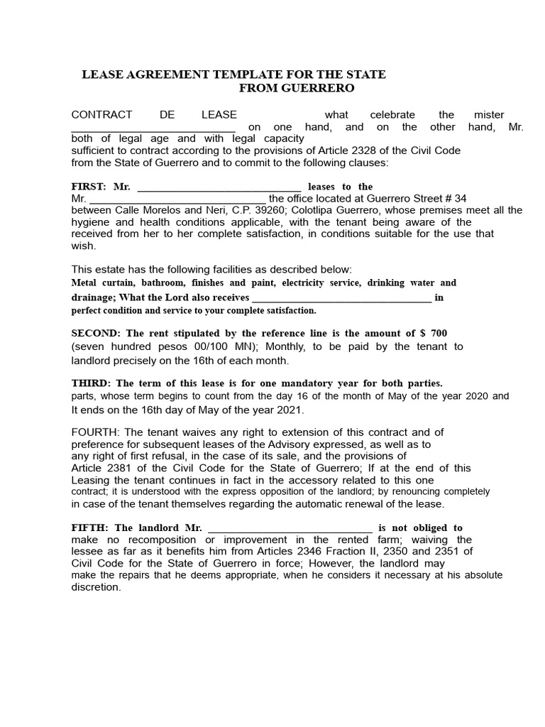 Lease Contract Template For The State of Guerrero | PDF | Lease ...