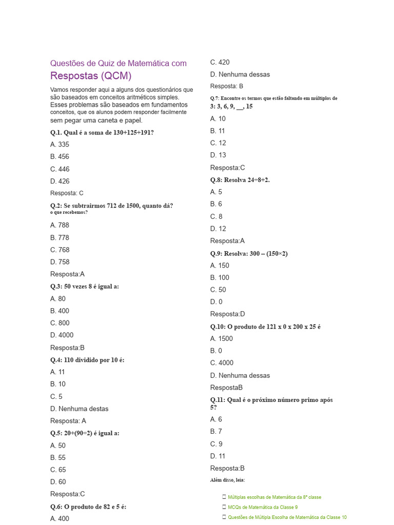 Quiz de Matemática: Perguntas e Respostas | PDF | Círculo | Aritmética