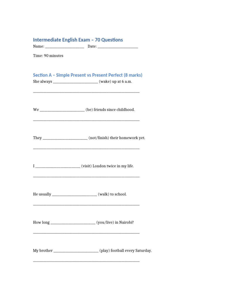 Intermediate English Exam: 70 Questions | PDF | Linguistics | Grammar