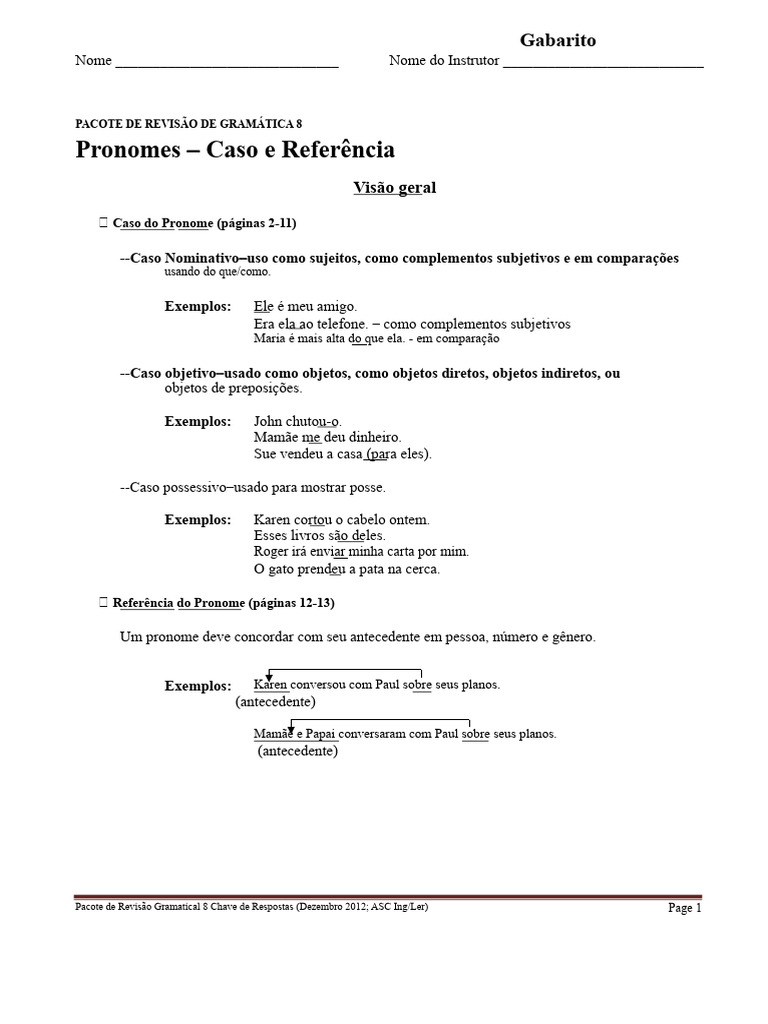 Revisão de Pronomes: Casos e Exemplos | PDF | Pronome | Assunto (gramática)