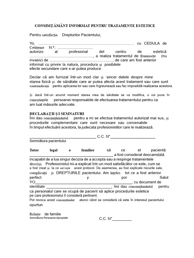 Consentment Informat Pentru Tratamente Estetice | PDF