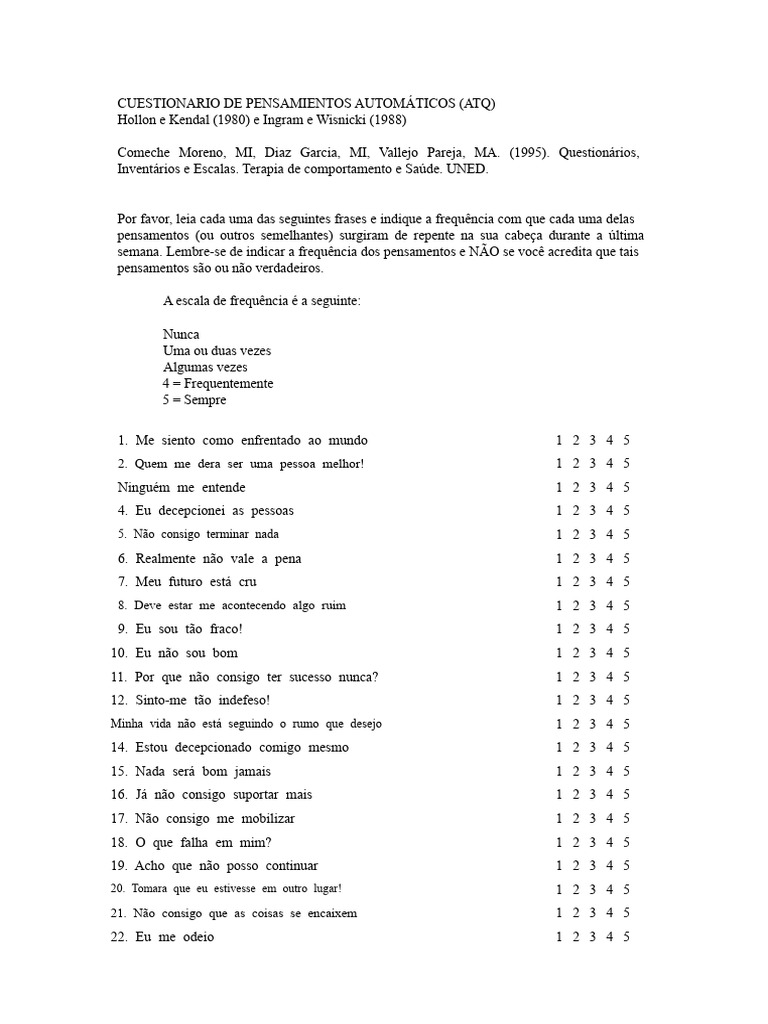 Questionário de Pensamentos Automáticos | PDF | Pensamento