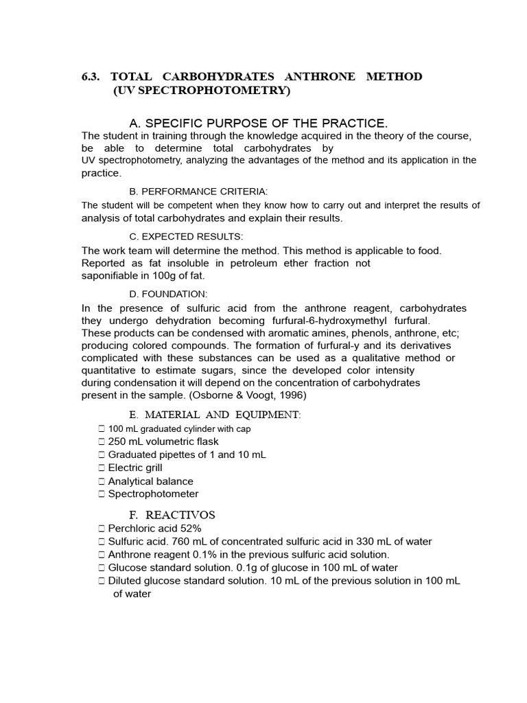 Total Carbohydrates Anthrone Method | PDF | Spectrophotometry ...