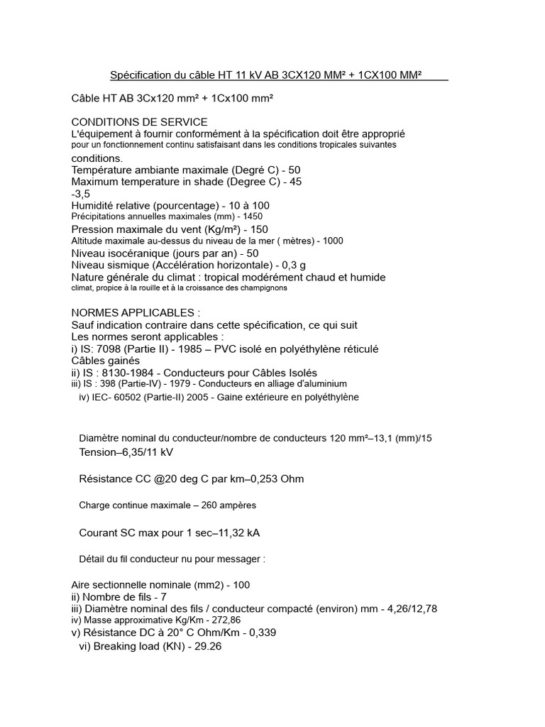 Spécification Du Câble HT AB 3CX120 SQMM | PDF