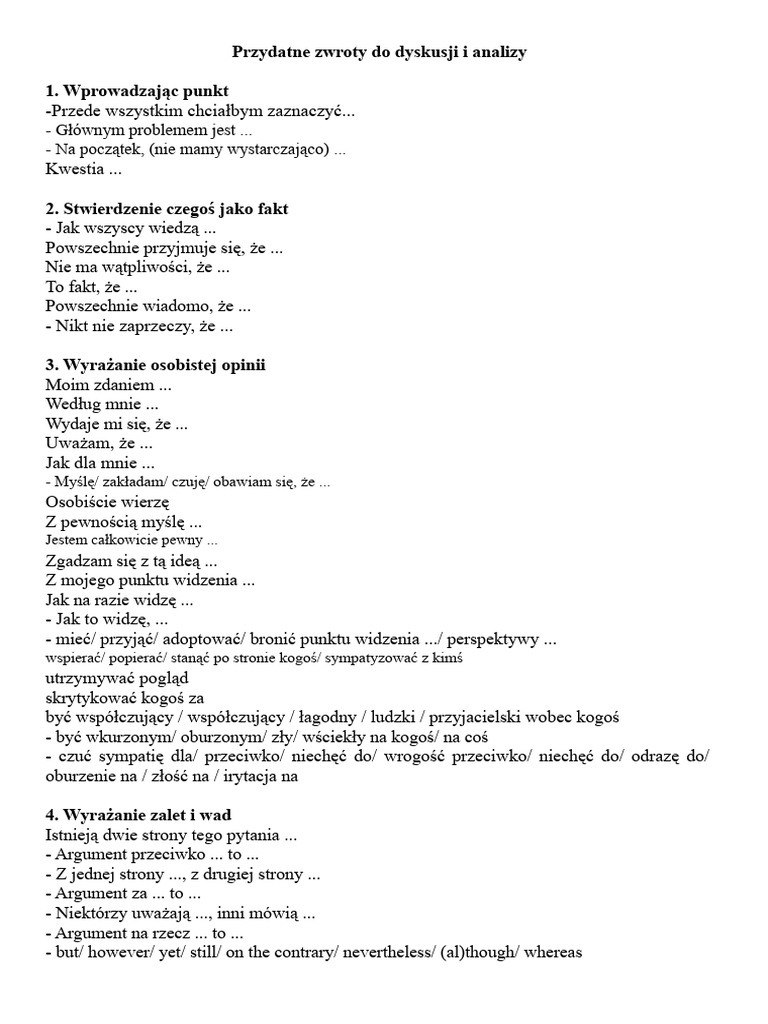 Przydatne Frazy Do Dyskusji I Analizy | PDF
